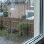 Condensation droplets on the inside of a residential window on a spring day
