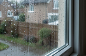 Condensation droplets on the inside of a residential window on a spring day