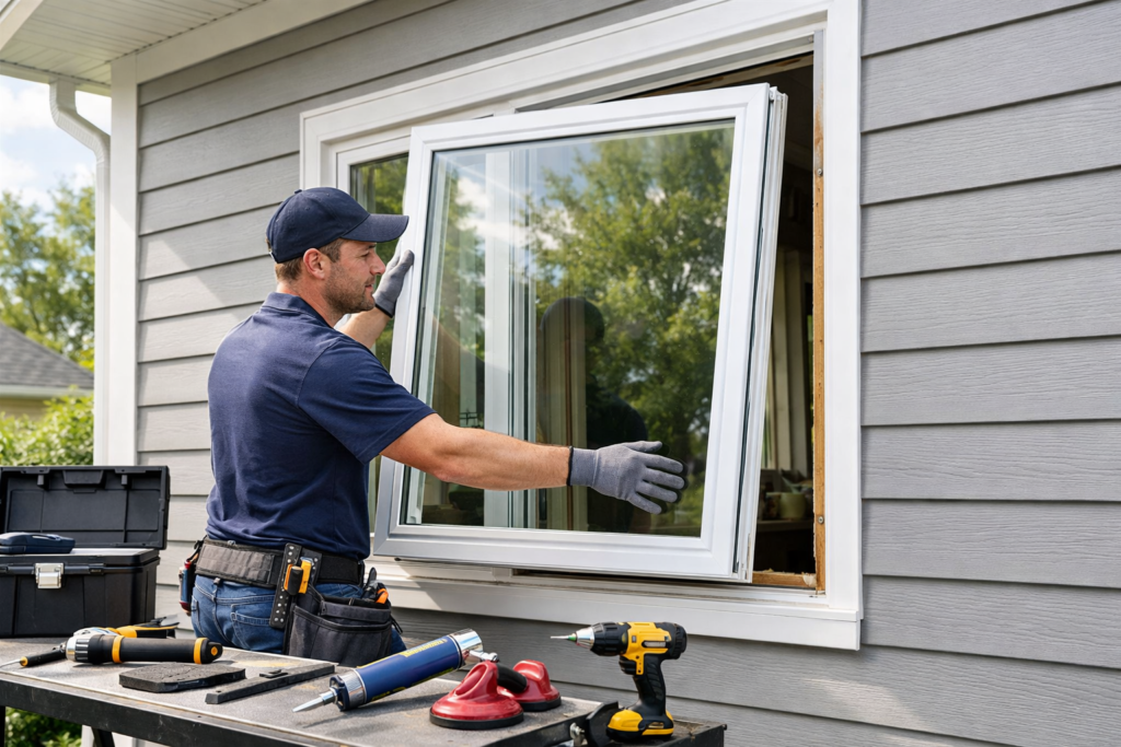 A man in a black cap and work clothes installs a new white-framed window into a house with gray siding.