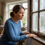 Homeowner inspecting old window with condensation, peeling frame, and signs that it may need replacement