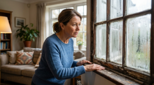 Homeowner inspecting old window with condensation, peeling frame, and signs that it may need replacement